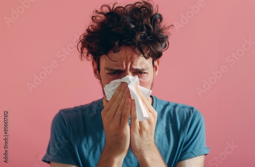 studio picture from a young man with handkerchief. Sick guy isolated has runny nose. man makes a cure for the common cold