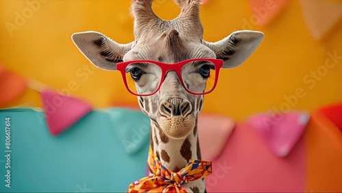 Funny fashion portrait of a giraffe with sunglasses. Created with Generative AI.