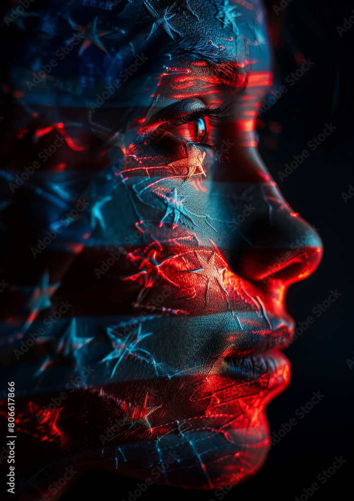 Vote. concept banner. Profile view of female face, superimposed with red white and blue colors. Powerful image. Political. Change. Decide. Vote. concept banner. Profile view of female face, superimposed with red white and blue colors. Powerful image. Political. Change. Decide.