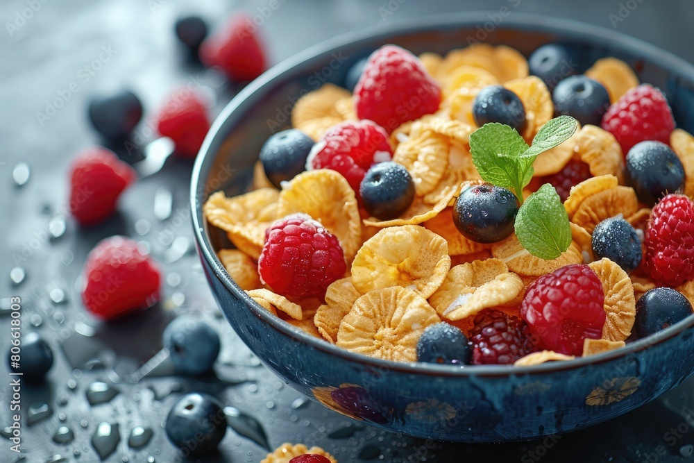 Cornflakes with fresh berries in bowl Cornflakes with fresh berries in bowl