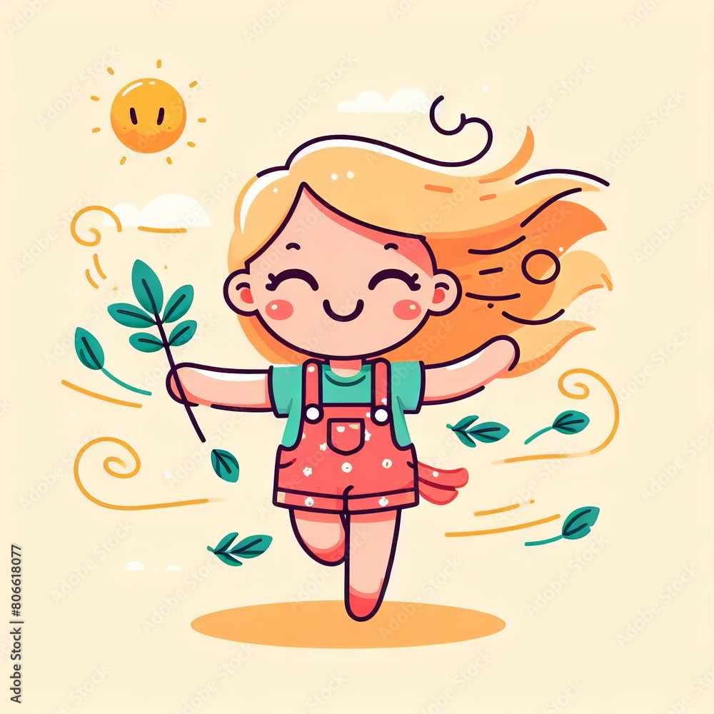Cute character girl Wind toy breeze on a white background. Flat style Cute character girl Wind toy breeze on a white background. Flat style