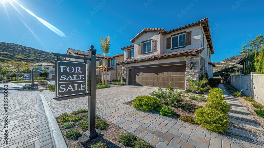 For sale sign real estate sign in front of a new house For sale sign real estate sign in front of a new house
