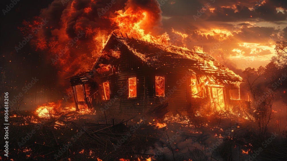 House engulfed in flames at night House engulfed in flames at night