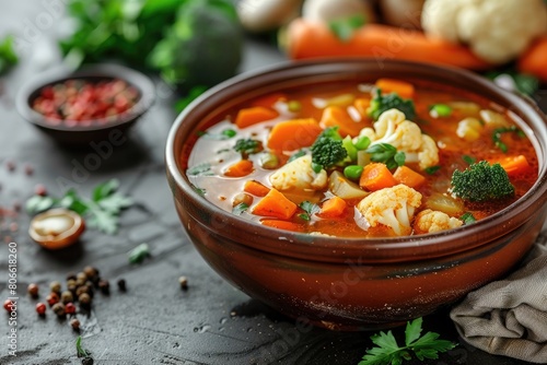 Spicy vegetable soup with in a bowl. Cauliflower, broccoli, carrots.