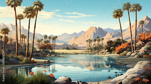 A vector graphic of a desert oasis with palm trees. photo