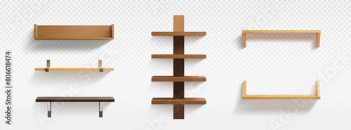 Empty wooden wall shelf. 3d isolated wood rack. Bookshelf for library interior or modern gallery mockup. Home or store storage furniture set with brown texture. Oak office stand template collection