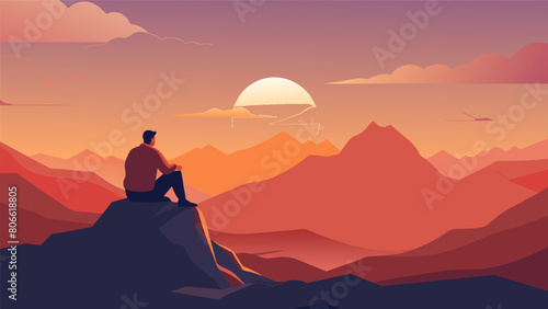 A weary traveler rests atop a mountain peak watching the sun dip below the horizon and reflecting on the wisdom of embracing change and impermanence.. Vector illustration