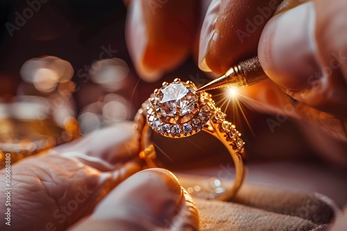 Crafting Love Jeweler Precisely Setting Diamonds into a Glowing Gold Engagement Ring