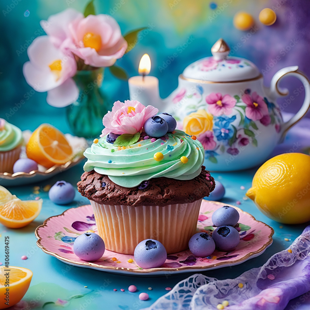 Surreal moody cupcakes in colorful setting with candles Surreal moody cupcakes in colorful setting with candles