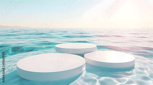 White round podium floating on blue water surface. Vector realistic 3d mockup of empty pedestal for display product on water ripples backdrop, skincare and medicine advertisement.