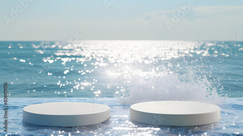 White round podium floating on blue water surface. Vector realistic 3d mockup of empty pedestal for display product on water ripples backdrop, skincare and medicine advertisement.