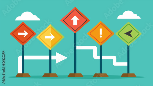 A series of road signs each indicating a different stage of the rational thinking process and the direction to take towards making a rational. Vector illustration