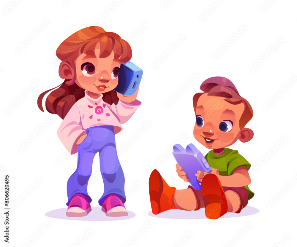 Kid play and talk with mobile phone. Little boy sitting with device in hands and girl standing and holding gadget near ear. Cartoon vector illustration of children using smartphone for game and speech Kid play and talk with mobile phone. Little boy sitting with device in hands and girl standing and holding gadget near ear. Cartoon vector illustration of children using smartphone for game and speech