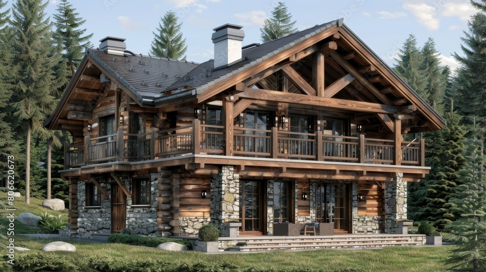Magnificent 3d rendering of an architectural project for a mountain house design Magnificent 3d rendering of an architectural project for a mountain house design