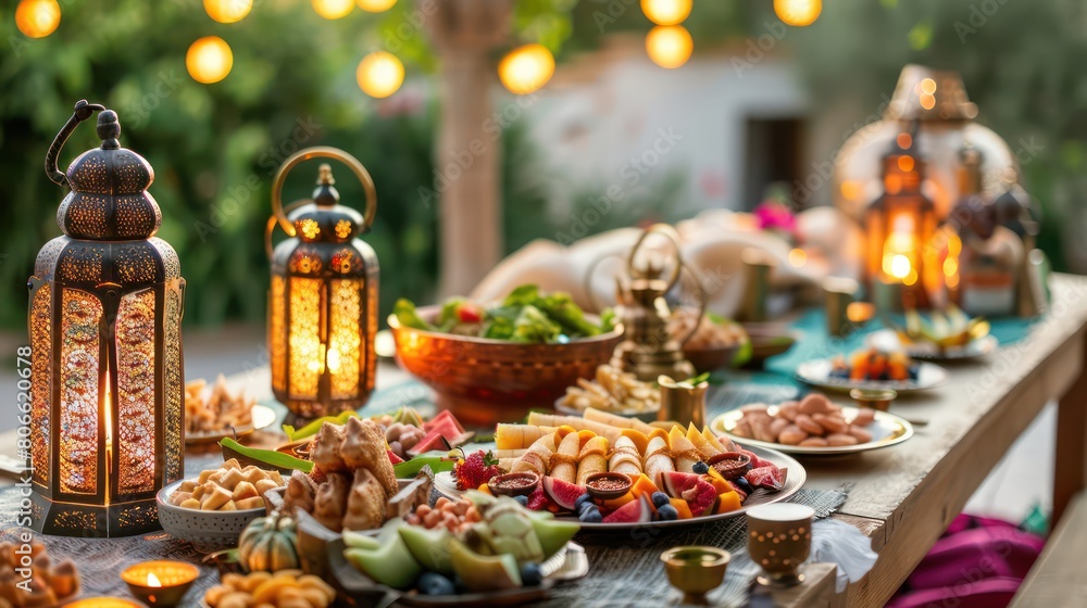 A traditional Ramadan iftar meal spread out on a table, with lanterns and crescent decorations adding a festive touch to the gathering. 