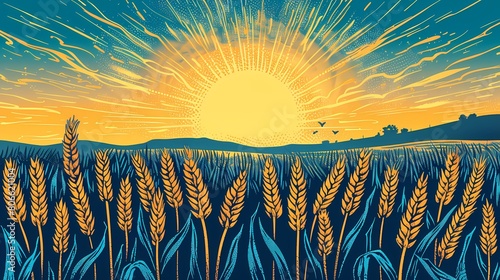 Golden wheat field illustration poster background photo