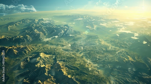 Panoramic view of beautiful rainforest. Beautiful sky  mountains and jungle. Aerial view. Prehistoric earth. Ai-generated.