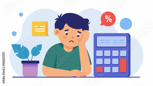 A cartoon of a person using a calculator to solve a math problem with the message Calculate Your Mental Health Resources for Coping with Financial. Vector illustration
