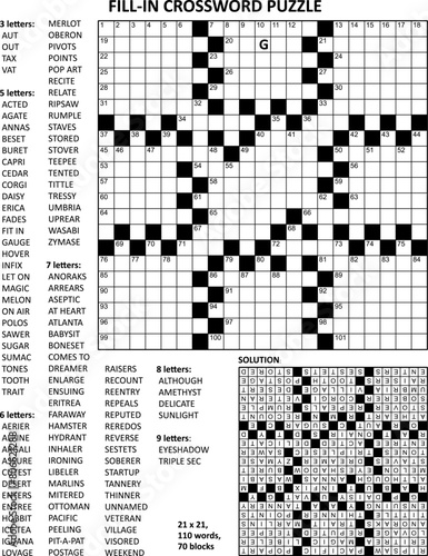Fill in the blanks crossword puzzle with american style grid of 21x21 size, 70 blocks, 110 words, one letter revealed. Letter G as a hint. Answer included.
