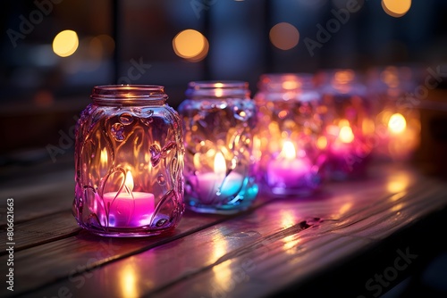 Candles in glass jars on a wooden table in a restaurant.