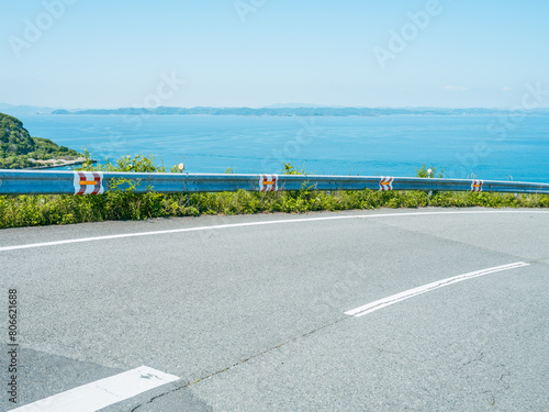 Beautiful view of a slope way near the sea or ocean in summer, Karato in Teshima Island in Kagawa Prefecture in Japan, Travel or vacation, High resolution over 50MP photo