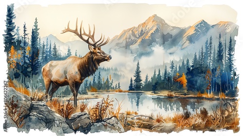 Majestic elk with antlers held high, traversing a forested mountainside, painted in bold watercolor strokes