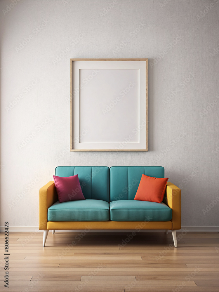 Fototapeta premium modern plain flat white wall empty white frame on the wall, couch, colourful