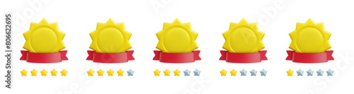 Vector cartoon 3d feedback rating concept. Set of gold empty badge icons with star ratings from 1 to 5 and red ribbon. Customer satisfaction level icons for web, game, app.