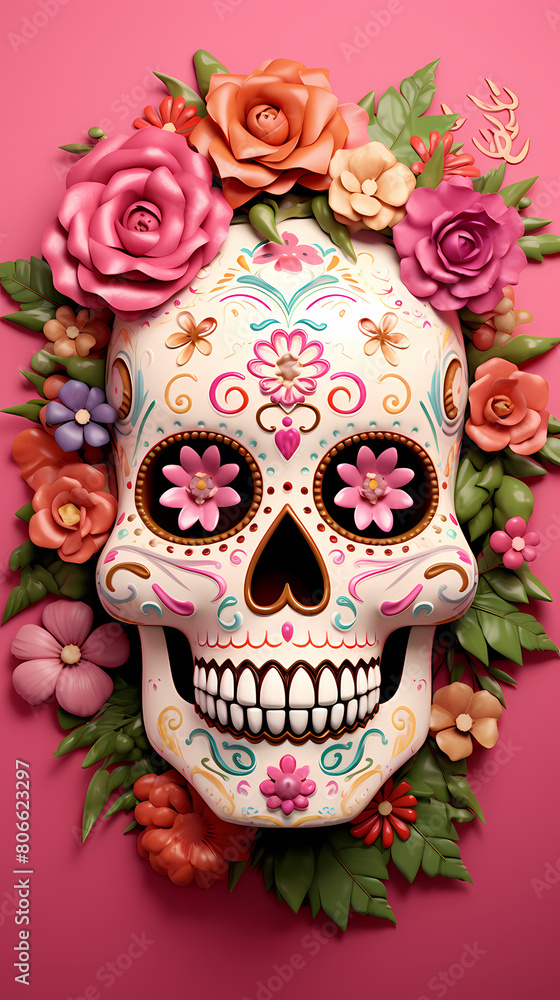 3D rendering of skull, Day of the Dead