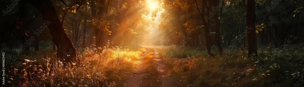 A beautiful forest path with sunlight streaming through the trees. The path is covered in fallen leaves. A beautiful forest path with sunlight streaming through the trees. The path is covered in fallen leaves.
