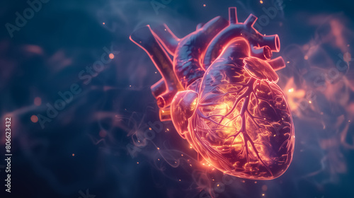 3D render of a holographic human heart wireframe, glowing with energy in a minimal scene, illustrating the organ powerful, rhythmic dynamics