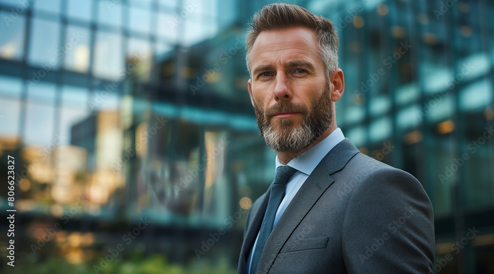 Handsome and confident businessman in a suit standing against a modern glass building, business concept. Handsome and confident businessman in a suit standing against a modern glass building, business concept.