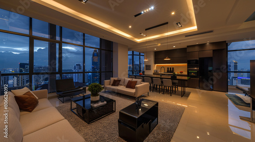 Luxurious open plan livingroom and kitchen in black color  modern style interior design apartment.