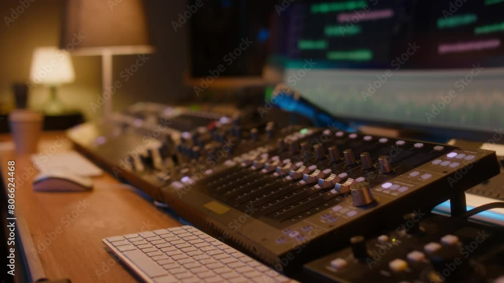 No people close-up of sound recording studio equipment - digital mixing console, computer screen with audio editing software, keyboard, microphone, in low-key light before work session No people close-up of sound recording studio equipment - digital mixing console, computer screen with audio editing software, keyboard, microphone, in low-key light before work session