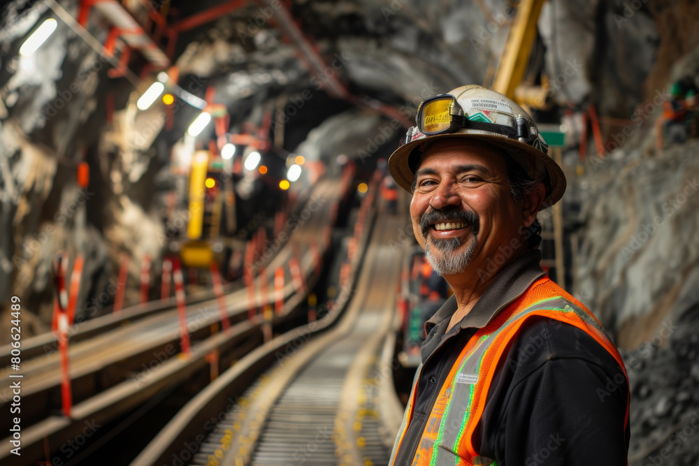 A miner wearing a hard hat and goggles working in mining construction site.