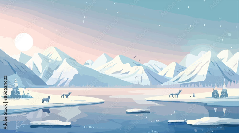 North pole winter arctic animals landscape Vector illustration