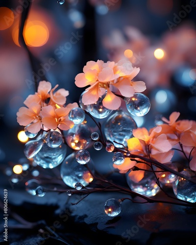 Flowers in ice with water drops. Beautiful bokeh background