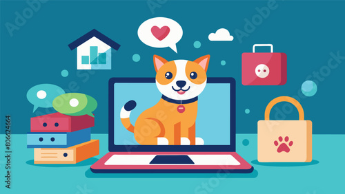 A hightech pet play system that allows owners to upload their own images and videos creating personalized games and challenges for their furry friends. Vector illustration