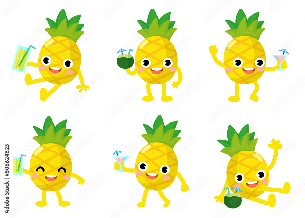 Obraz premium pineapple drinking cocktails, orange juice, coconut water, Funny pineapple hello summer