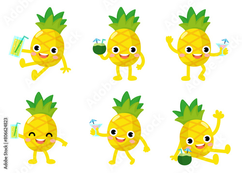 pineapple drinking cocktails, orange juice, coconut water, Funny pineapple hello summer