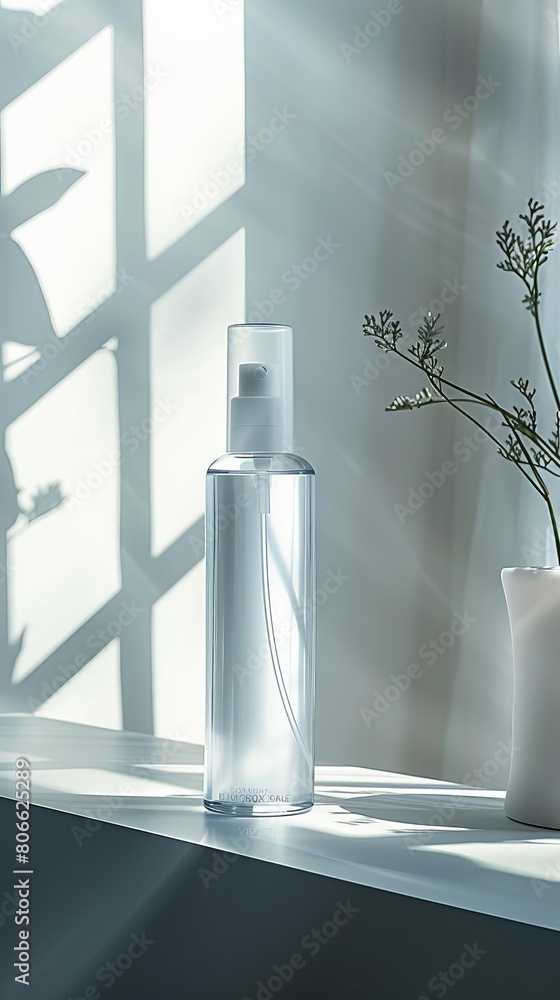Elegant and modern design of a luxury facial mist spray, presented in a simple setting to highlight the products sleekness and premium feel Elegant and modern design of a luxury facial mist spray, presented in a simple setting to highlight the products sleekness and premium feel