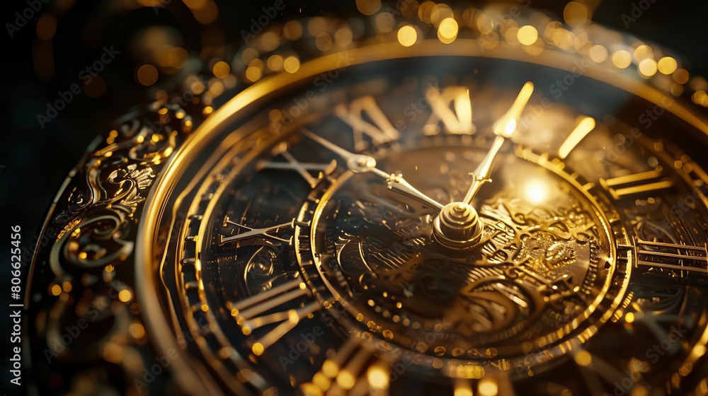 Dramatic image of a vintage clock face lit by soft light, emphasizing the ongoing nature of time, set against a dark background with copy space