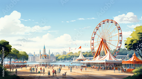A vector graphic of a seaside carnival with rides. photo