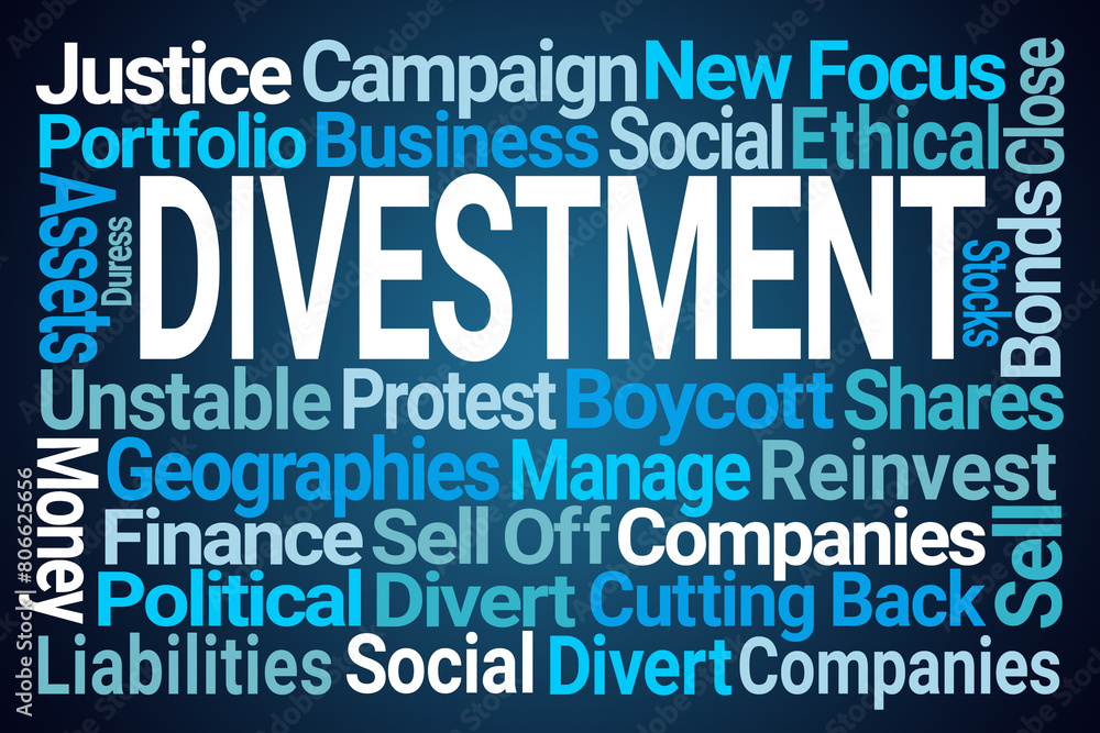 Divestment Word Cloud on Blue Background Divestment Word Cloud on Blue Background
