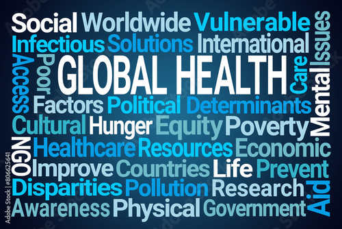 Global Health Word Cloud on Blue Background