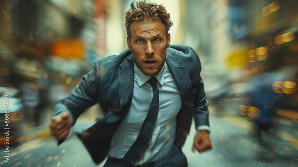A young professional man in a suit is running down a busy street A young professional man in a suit is running down a busy street