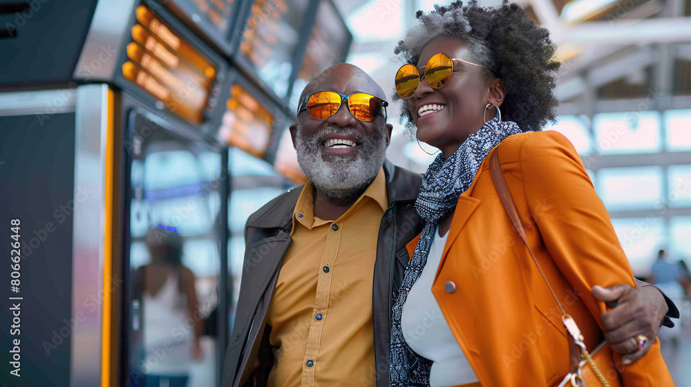 An African American elderly couple goes on a trip together. Pensioners, a man and a woman, are waiting to board a plane at the airport against a blurred background of a board with arrivals An African American elderly couple goes on a trip together. Pensioners, a man and a woman, are waiting to board a plane at the airport against a blurred background of a board with arrivals
