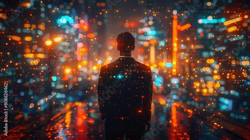 A man in a suit stands in a city at night. The city is full of lights and the man is looking out at the view.