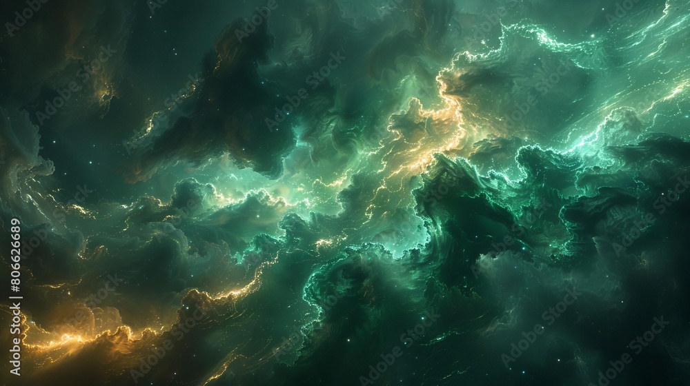 An ethereal dreamscape of swirling emerald and gold stardust.