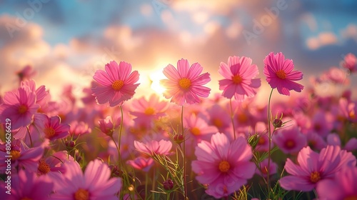 A field of pink cosmos flowers in full bloom  with the sun rising in the background.